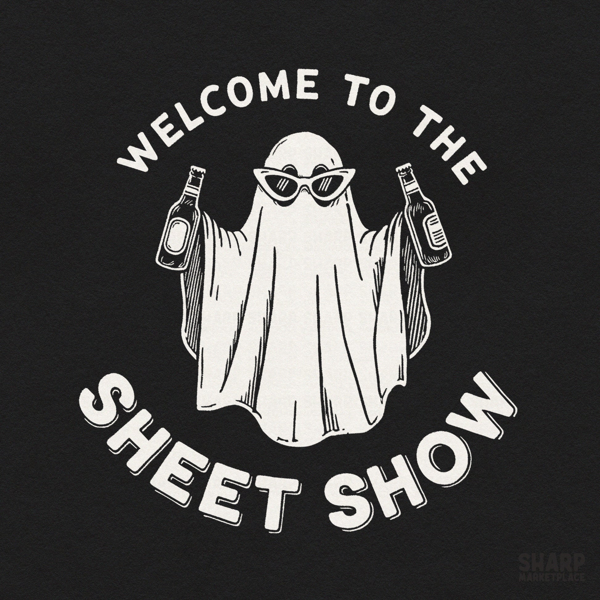 Funny retro ghost drinking beer with Welcome to the Sheet Show text for spooky season sublimation shirt designs