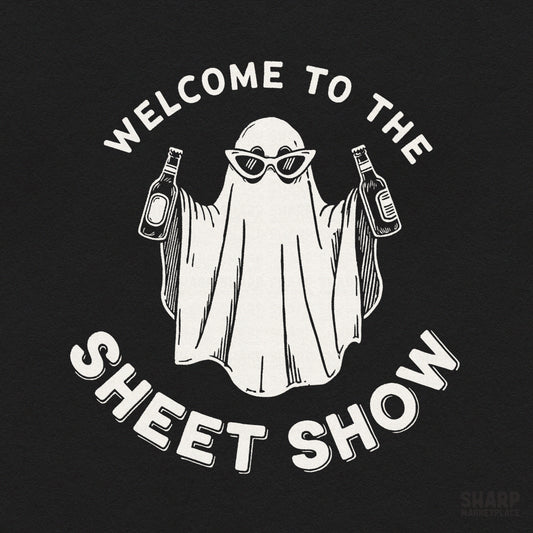 Funny retro ghost drinking beer with Welcome to the Sheet Show text for spooky season sublimation shirt designs