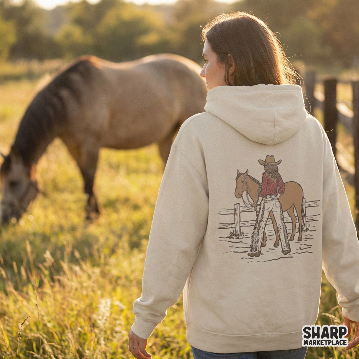 Digital download featuring a hand-drawn cowgirl and horse scene with a distressed texture, perfect for western-themed sublimation and apparel projects.