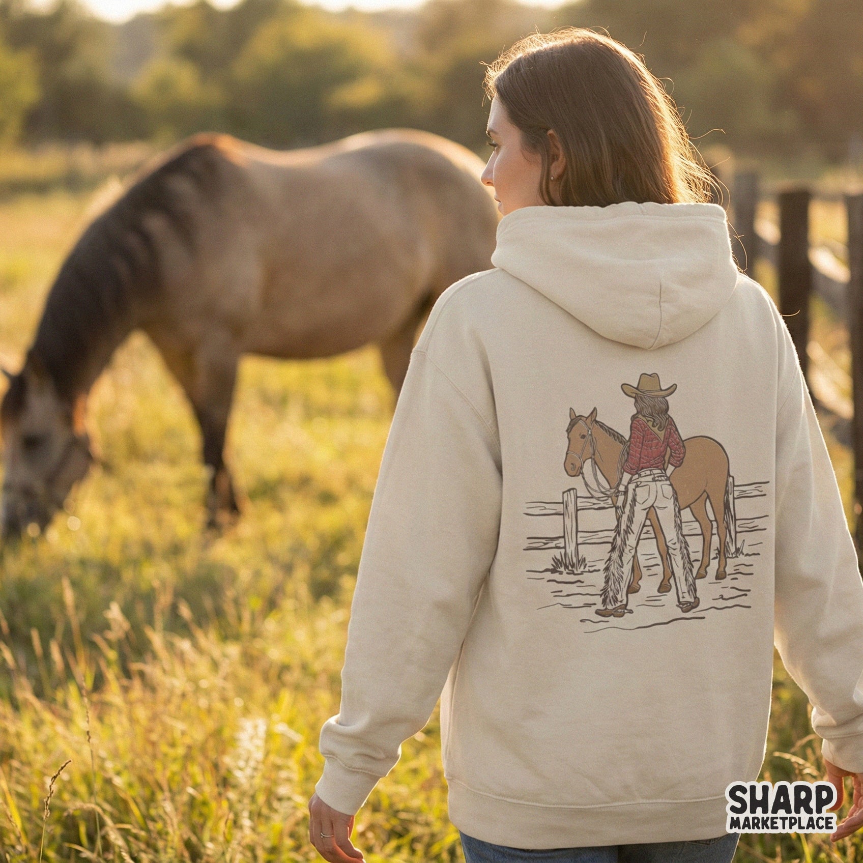 Digital download featuring a hand-drawn cowgirl and horse scene with a distressed texture, perfect for western-themed sublimation and apparel projects.