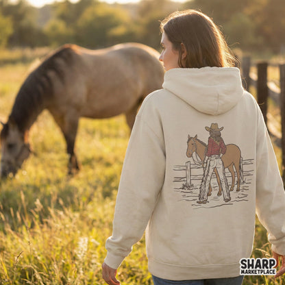 Digital download featuring a hand-drawn cowgirl and horse scene with a distressed texture, perfect for western-themed sublimation and apparel projects.