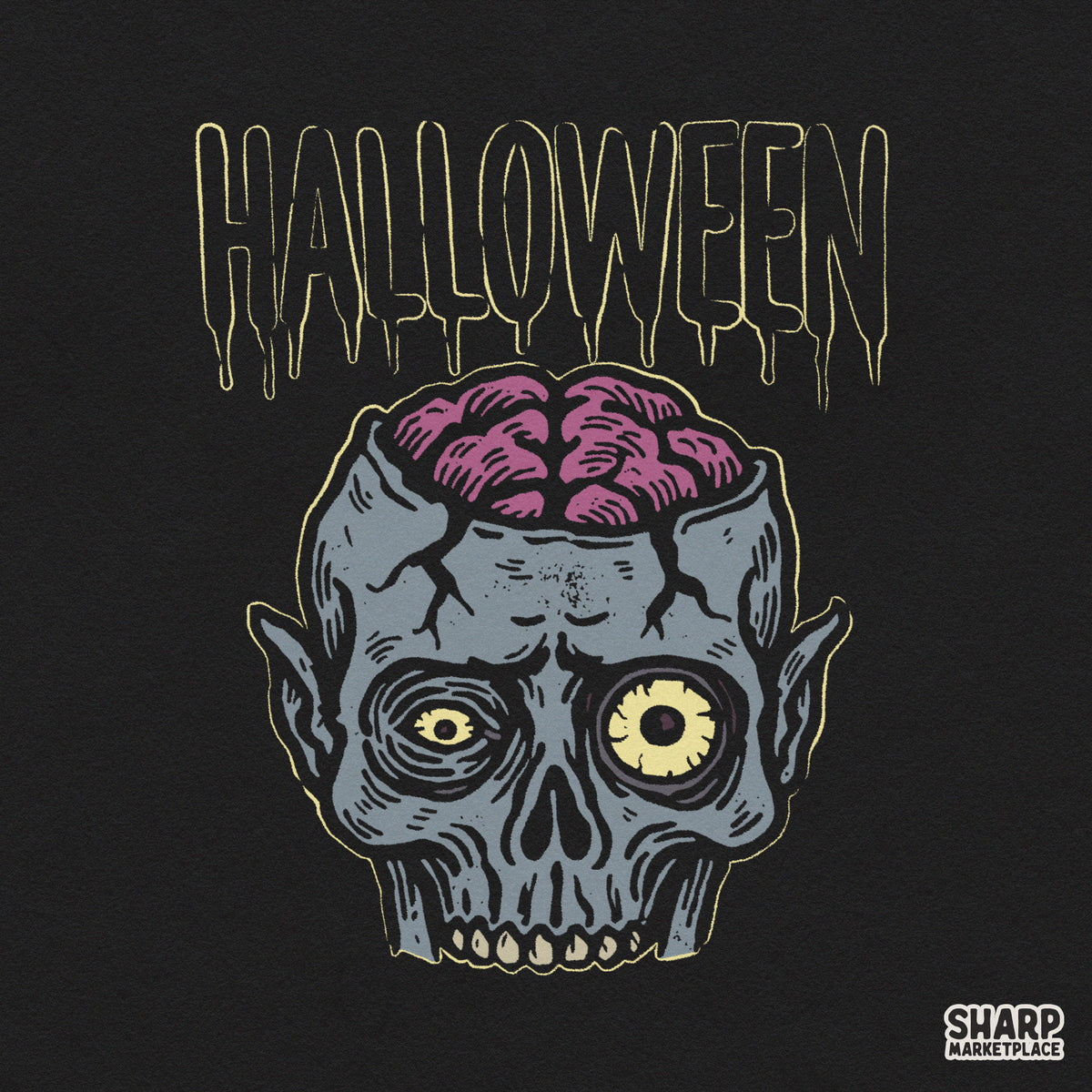 Trendy zombie with exposed brain PNG shirt design perfect for Halloween sublimation and spooky apparel