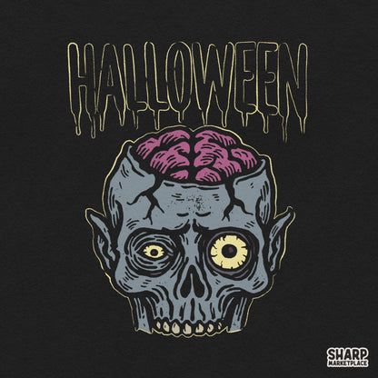 Trendy zombie with exposed brain PNG shirt design perfect for Halloween sublimation and spooky apparel