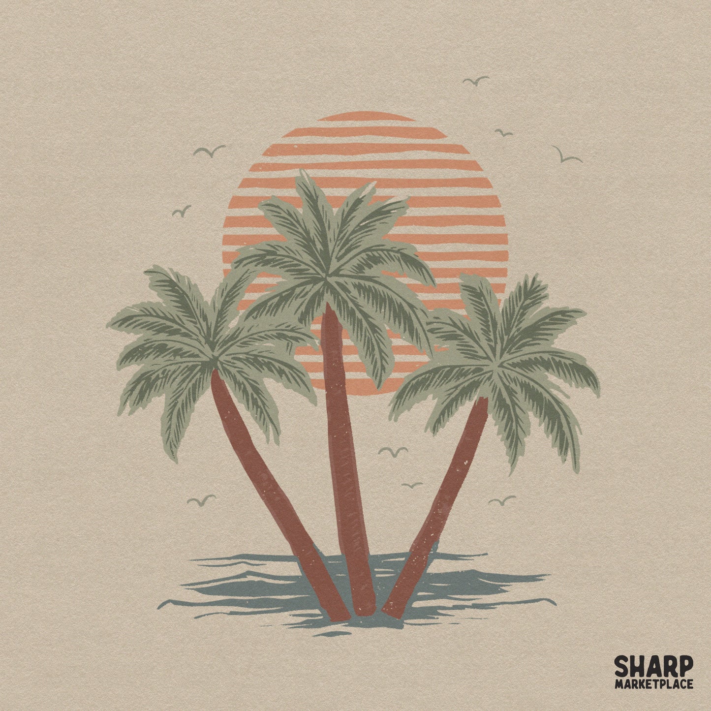 Colorful tropical oasis sunset with palm trees and a lake for summer beach png shirts and retro lake life designs