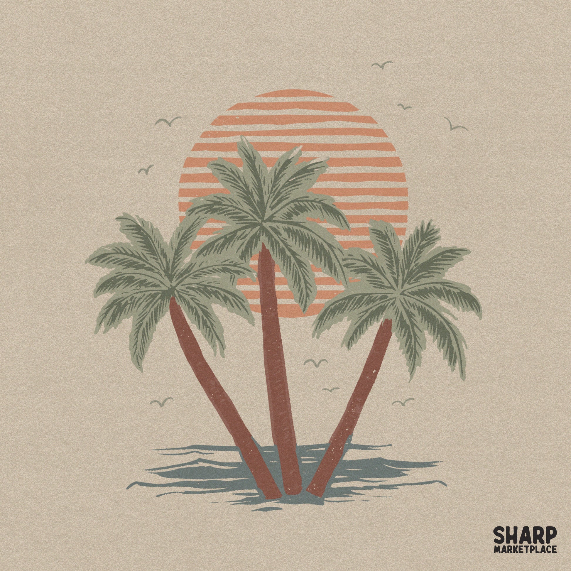 Colorful tropical oasis sunset with palm trees and a lake for summer beach png shirts and retro lake life designs