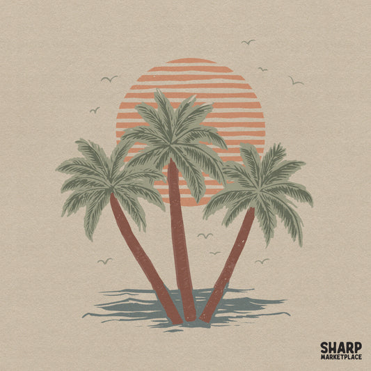 Colorful tropical oasis sunset with palm trees and a lake for summer beach png shirts and retro lake life designs