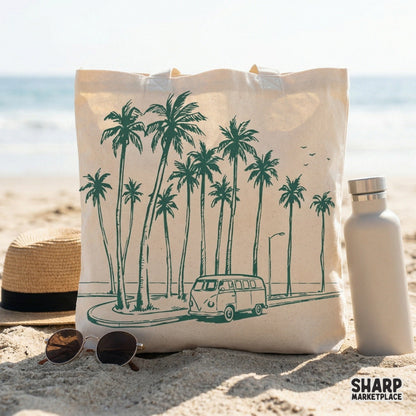 Minimalist line art of a retro van and palm trees on a tote bag, showcasing a trendy coastal roadtrip design for beach-themed DIY projects.