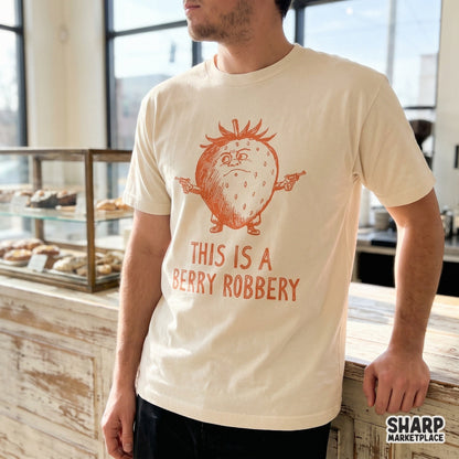 Funny retro strawberry bandit design featuring a hand-drawn fruit outlaw with revolvers and the text This Is A Berry Robbery for custom apparel.