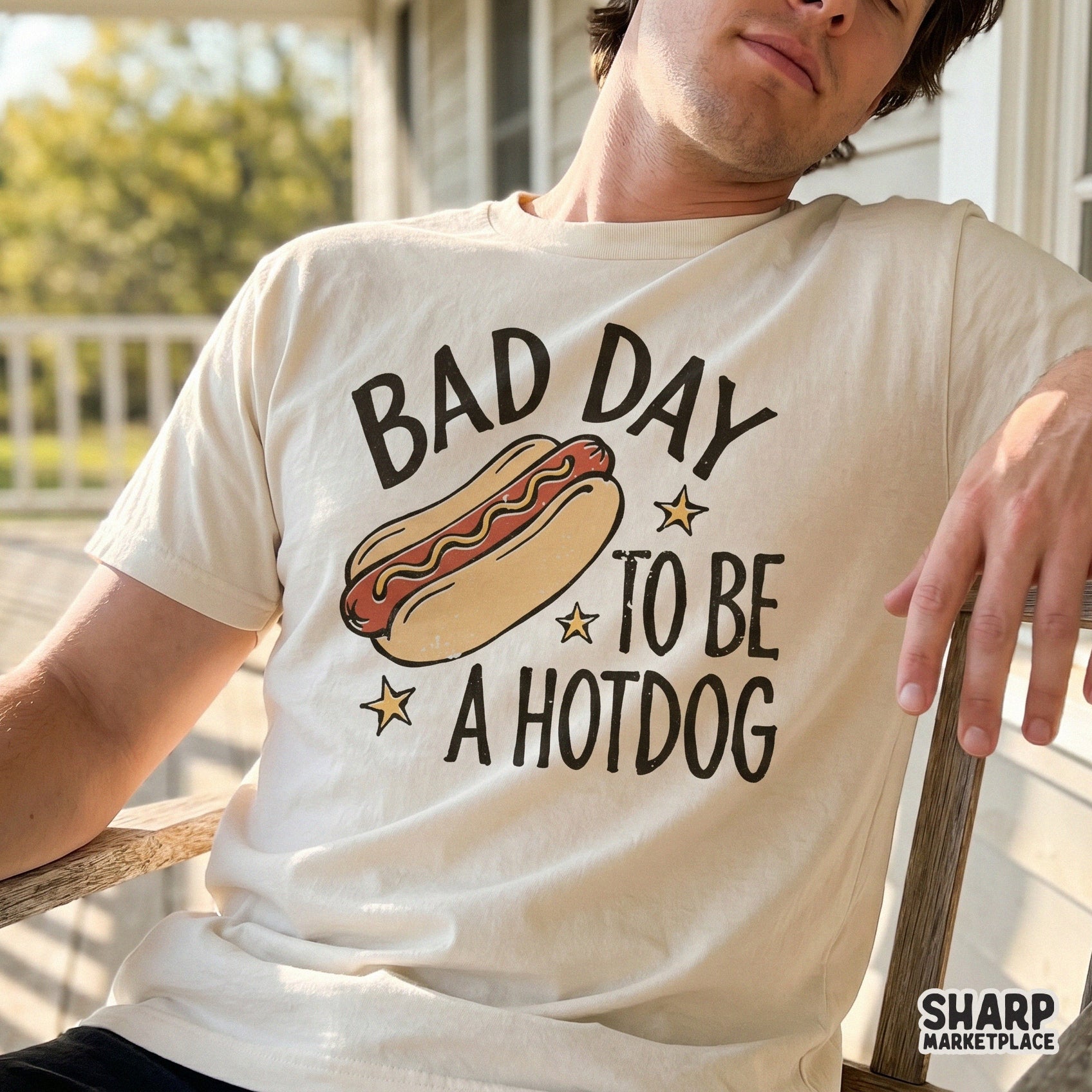 Digital sublimation graphic showing a distressed, hand-drawn hotdog illustration with the funny phrase Bad Day To Be A Hotdog for summer apparel.