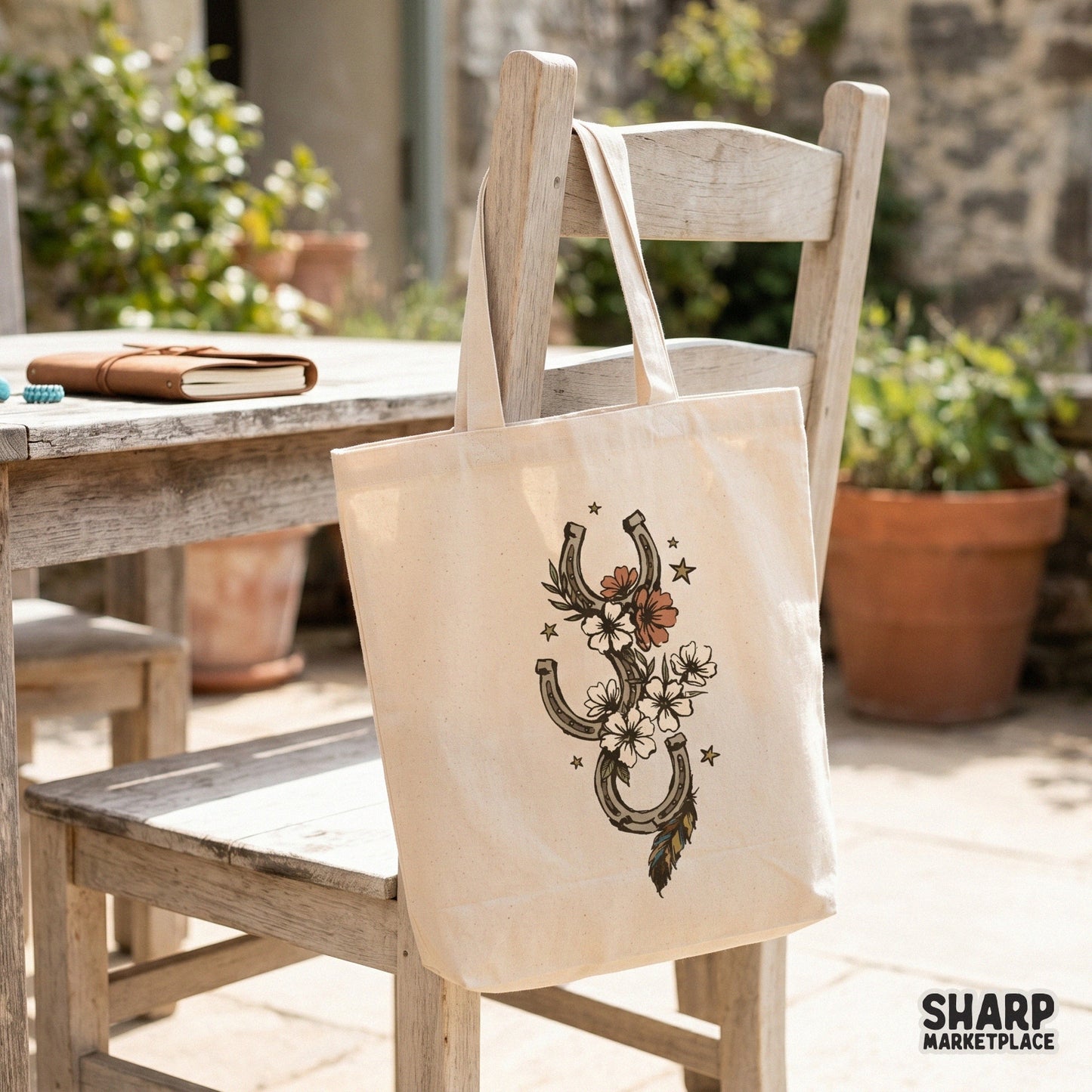Rustic western horseshoe and wildflower charm graphic featuring a feather and star accents, suitable for sublimation transfers and DIY craft projects.
