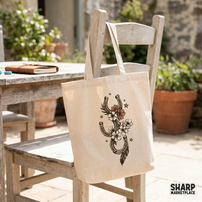 Rustic western horseshoe and wildflower charm graphic featuring a feather and star accents, suitable for sublimation transfers and DIY craft projects.