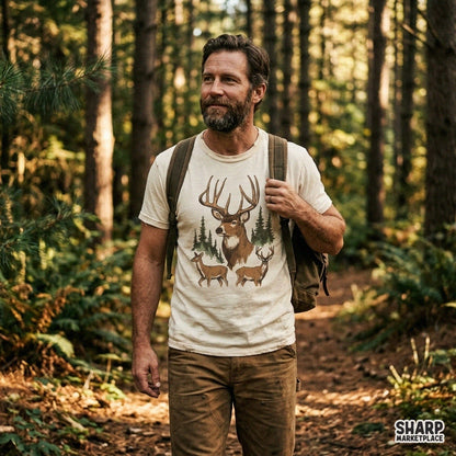 Vintage buck and deer in a pine forest retro graphic for hunting shirt sublimation and fall apparel