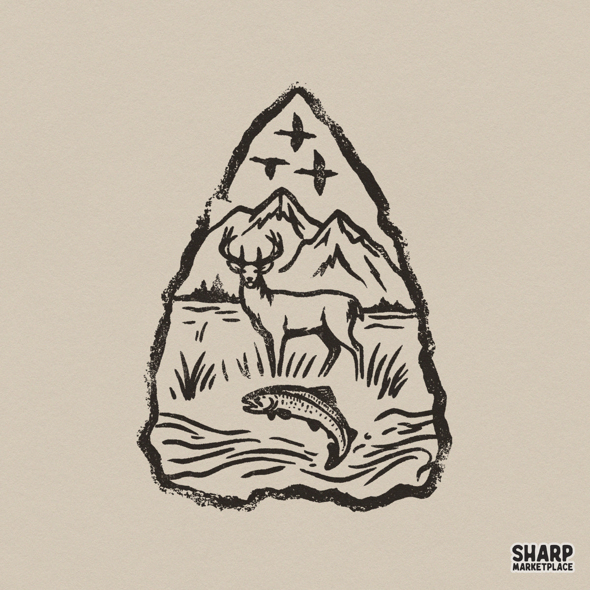 Black ink arrowhead silhouette featuring a buck, jumping trout, and mountain landscape, perfect for western-themed apparel and sublimation.