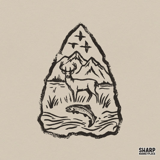 Black ink arrowhead silhouette featuring a buck, jumping trout, and mountain landscape, perfect for western-themed apparel and sublimation.
