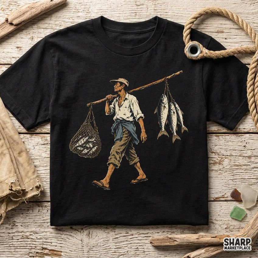 Vintage fisherman carrying fresh catch in a net with a pole retro sublimation PNG graphic for Father's Day shirts