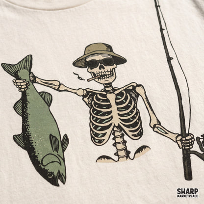 Funny skeleton in a bucket hat holding a fish and fishing rod PNG clipart for summer shirt sublimation