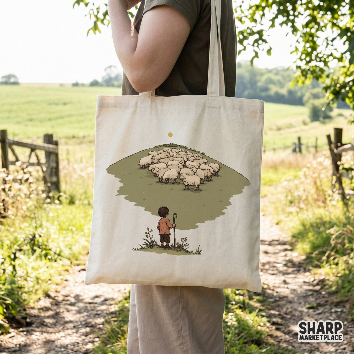 Minimalist Christian art showing a shepherd watching over a flock on a hillside, perfect for faith-based t-shirts, stickers, and wall decor.