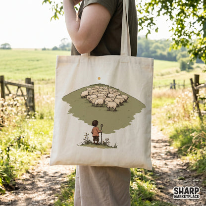 Minimalist Christian art showing a shepherd watching over a flock on a hillside, perfect for faith-based t-shirts, stickers, and wall decor.