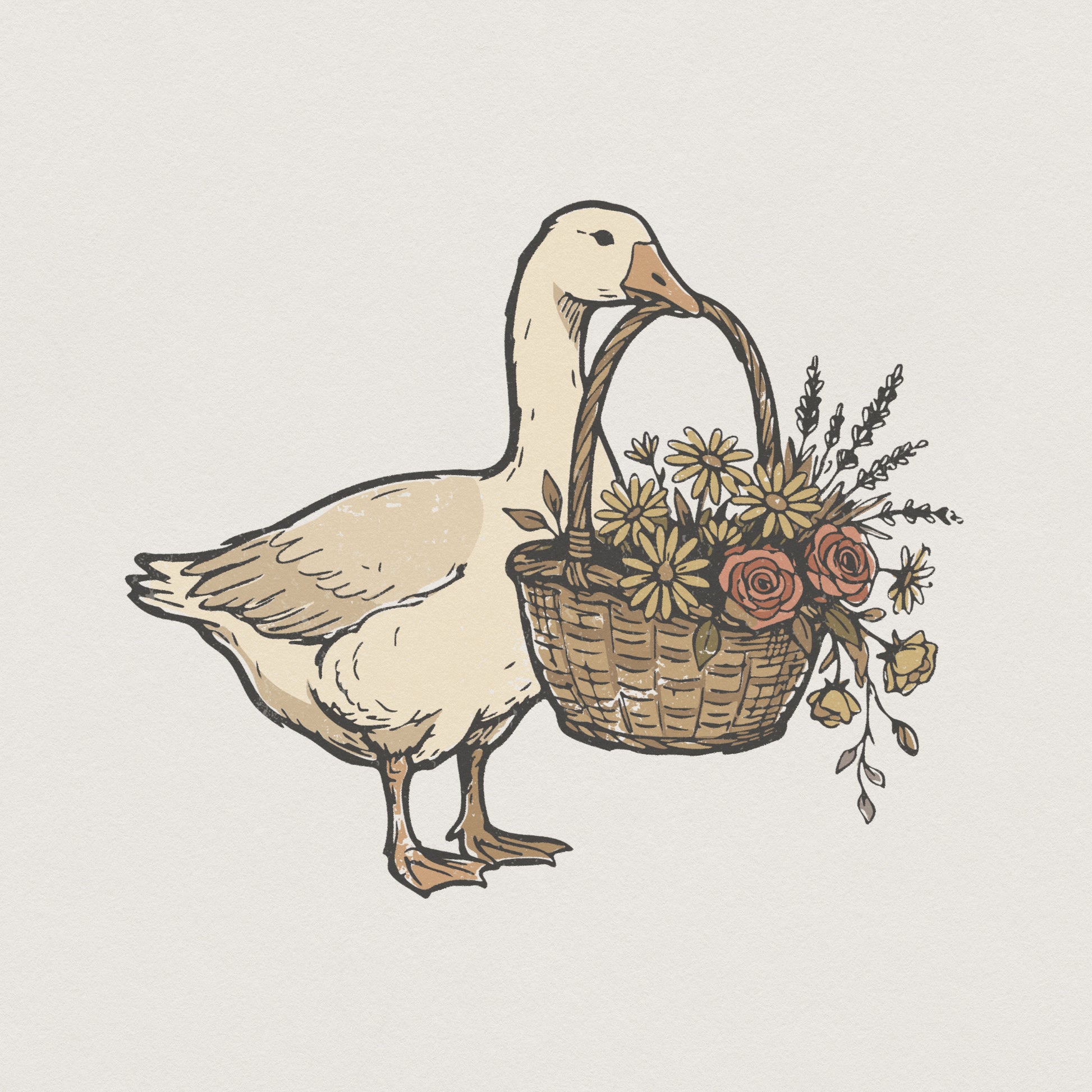 Goose With Flower Basket PNG, Vintage Farmhouse Art - 300 DPI Design for