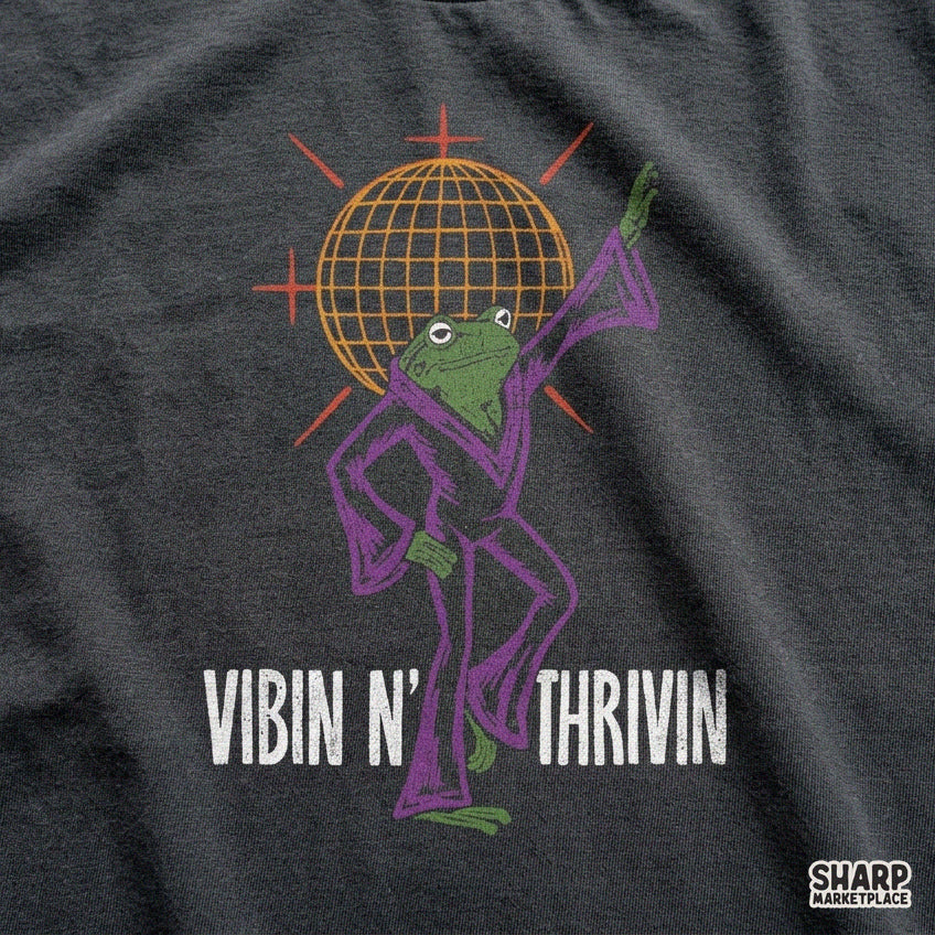 Retro 70s disco ball frog shirt design in purple jumpsuit perfect for trendy t-shirt sublimation