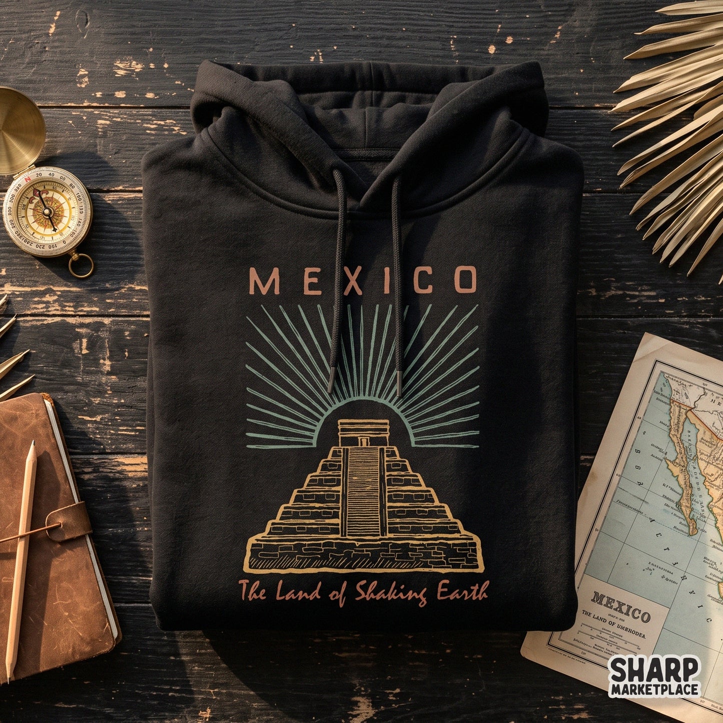 Vintage Mexico shaking earth design with Aztec Mayan pyramid ruins for summer sublimation shirt PNG graphics