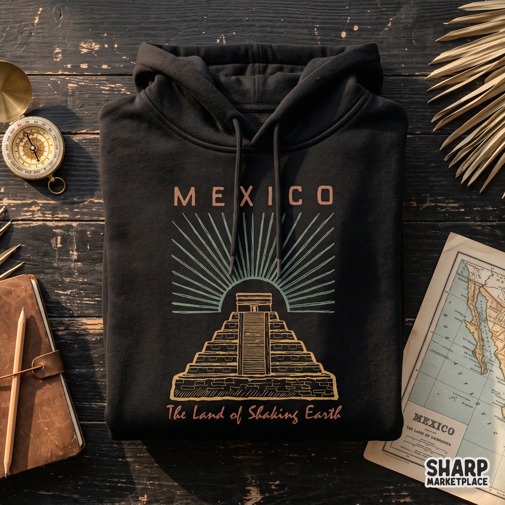 Vintage Mexico shaking earth design with Aztec Mayan pyramid ruins for summer sublimation shirt PNG graphics