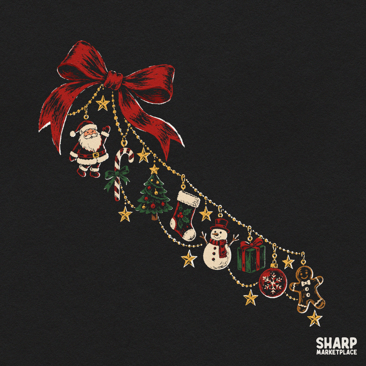 Red coquette bow with dangling holiday charms, perfect festive Christmas PNG graphic for shirts and holiday crafts
