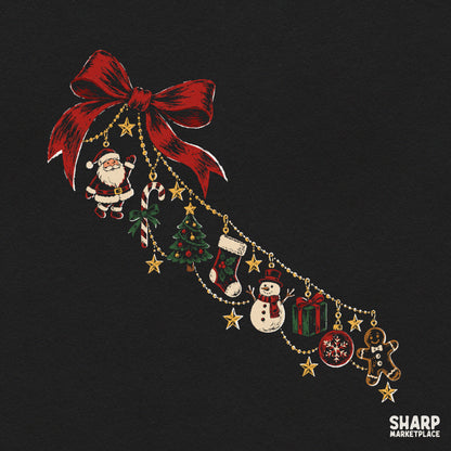Red coquette bow with dangling holiday charms, perfect festive Christmas PNG graphic for shirts and holiday crafts