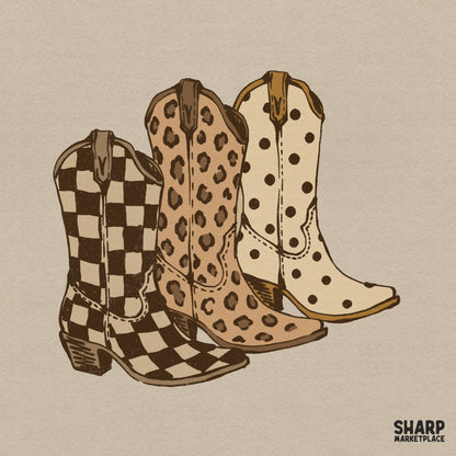 Hand-drawn trio of western cowgirl boots featuring black and white checker, leopard print, and brown polka dot patterns on a neutral background.