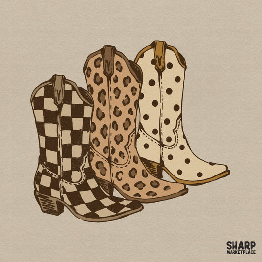 Hand-drawn trio of western cowgirl boots featuring black and white checker, leopard print, and brown polka dot patterns on a neutral background.