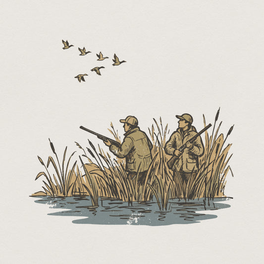 Vintage style duck hunting digital design featuring two hunters in a marsh with a flock of birds, perfect for outdoor apparel and sublimation.