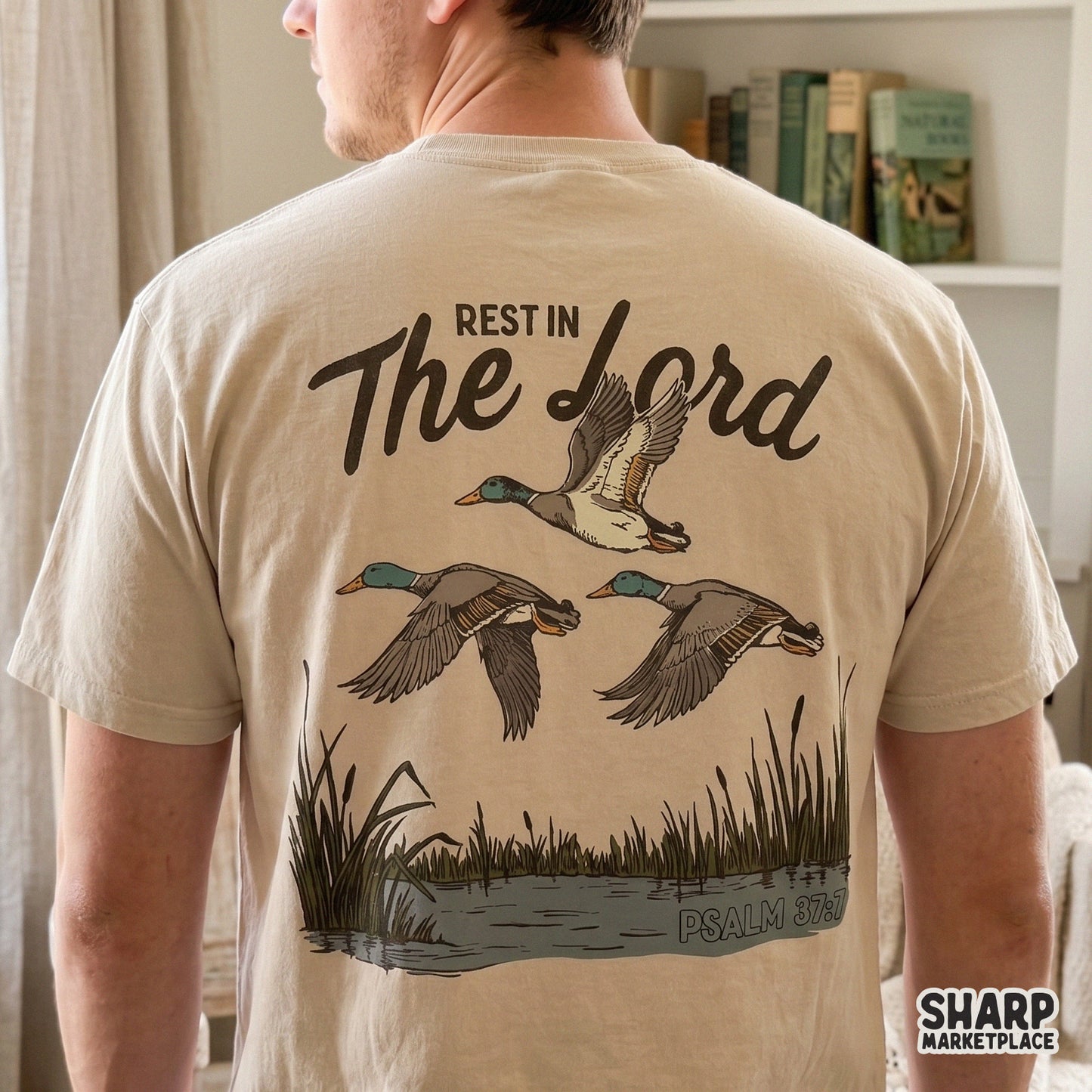 Mallard duck hunting graphic with Christian Psalm 37:7 bible verse text for faith shirt designs