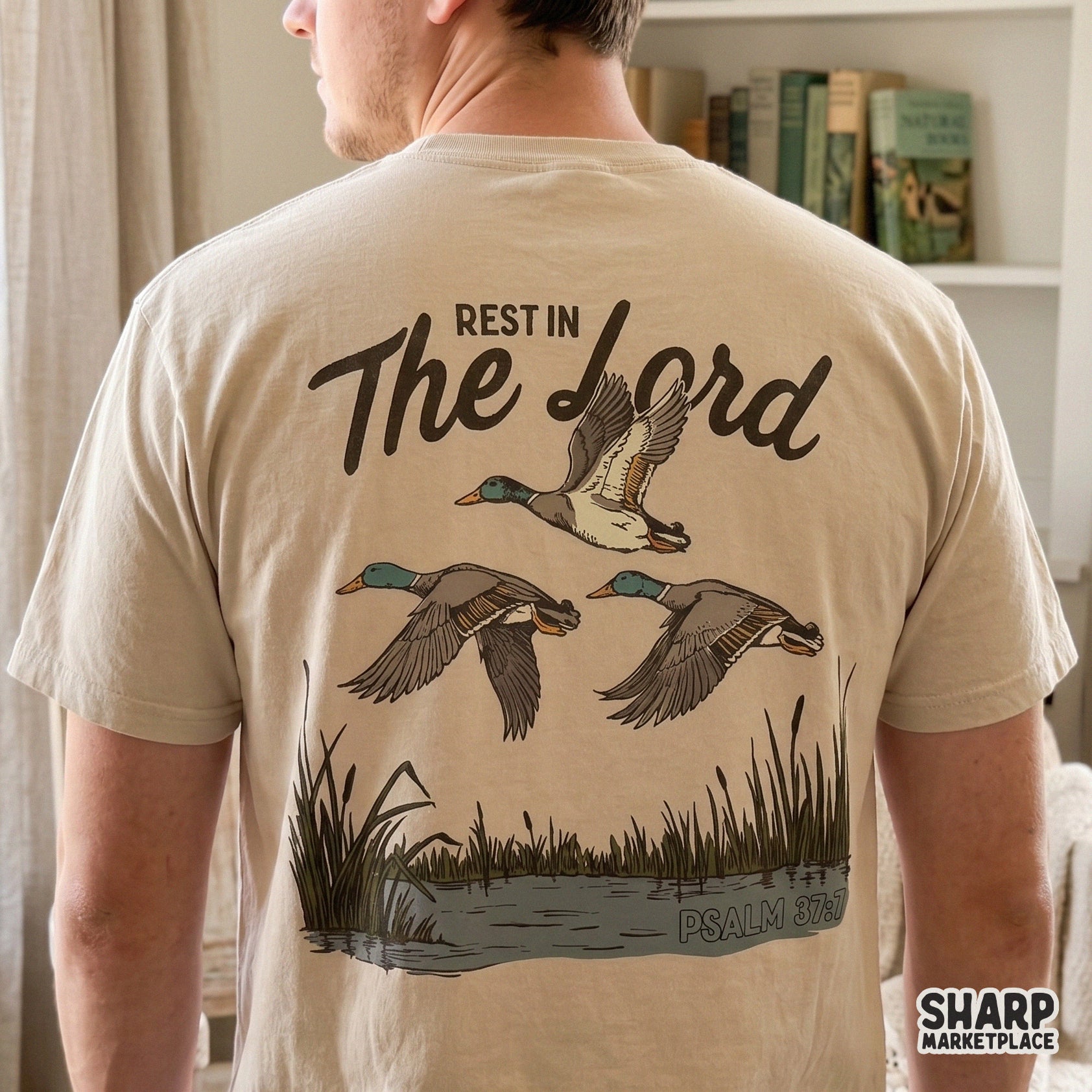 Mallard duck hunting graphic with Christian Psalm 37:7 bible verse text for faith shirt designs