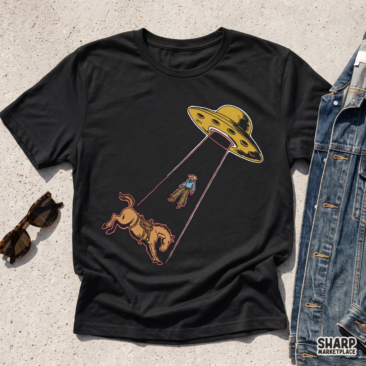 Retro sci-fi flying saucer abducting a cowboy and horse clipart PNG for western shirt sublimation designs