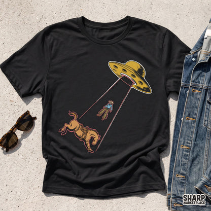 Retro sci-fi flying saucer abducting a cowboy and horse clipart PNG for western shirt sublimation designs