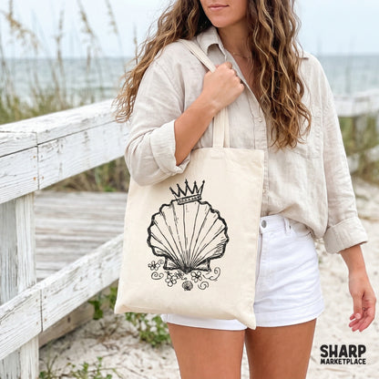 Sophisticated coastal shell queen graphic in a sketch style, featuring a regal crown and floral elements for high-quality printable apparel and decor.
