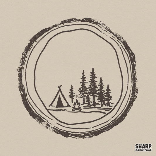 Vintage camping emblem PNG featuring a tent, campfire, and pine trees inside a rustic tree ring border for outdoor apparel and sublimation projects.