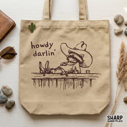 Retro western design featuring a sarcastic cowboy raccoon in a wide-brimmed hat and spurs, perfect for custom country-themed apparel and stickers.