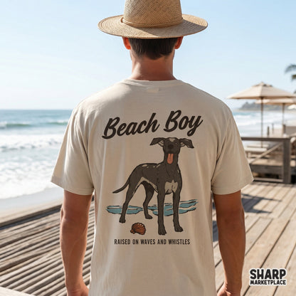Coastal themed digital graphic with a cute dog, seashell, and retro typography, ideal for creating custom summer shirts, stickers, or tumblers.