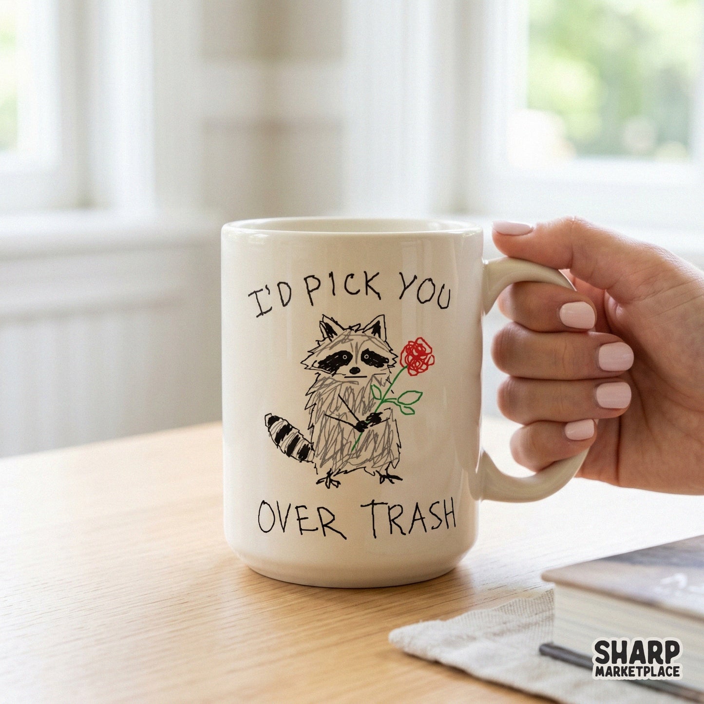 Digital design featuring a charmingly crude raccoon holding a red rose, perfect for custom t-shirts, stickers, or tumblers with a trendy y2k aesthetic.