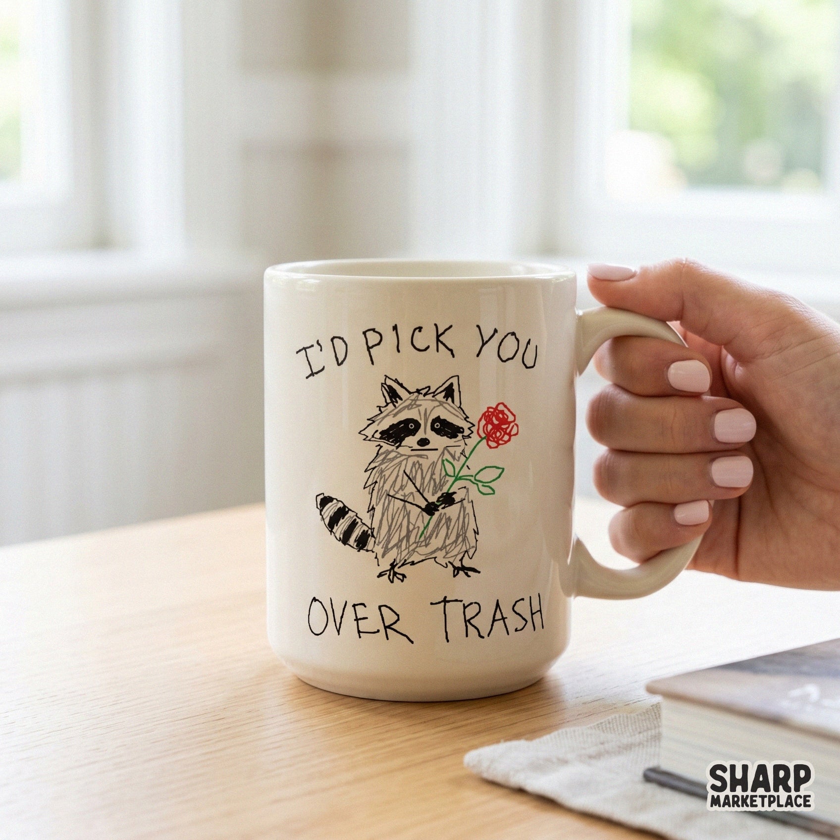 Digital design featuring a charmingly crude raccoon holding a red rose, perfect for custom t-shirts, stickers, or tumblers with a trendy y2k aesthetic.