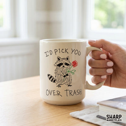 Digital design featuring a charmingly crude raccoon holding a red rose, perfect for custom t-shirts, stickers, or tumblers with a trendy y2k aesthetic.