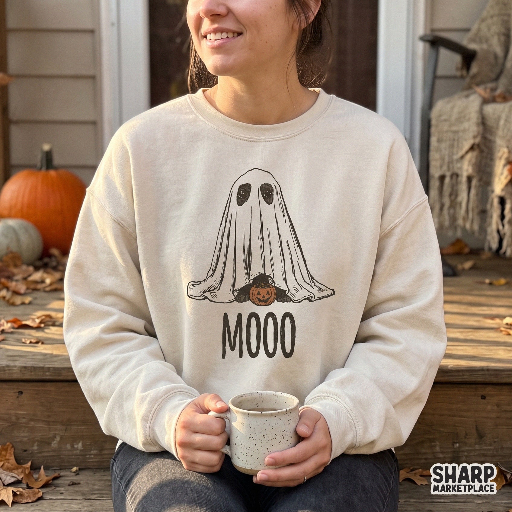 Cute retro mooo cow wearing a spooky ghost costume with a pumpkin bucket halloween png for sublimation shirt designs
