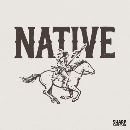 Native PNG Design, Vintage Indigenous Horse Rider Graphic - 300 DPI