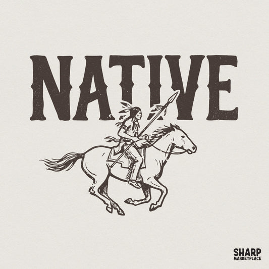 Native PNG Design, Vintage Indigenous Horse Rider Graphic - 300 DPI