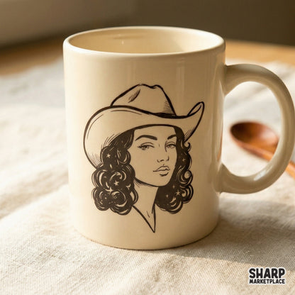 Bold black and white western woman illustration with a starry hat and curly hair, ideal for creating trendy desert-themed stickers or wall art.