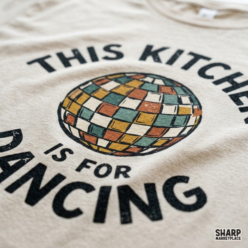 Retro disco ball design featuring This Kitchen Is For Dancing quote for trendy Y2K kitchen wall art and home decor