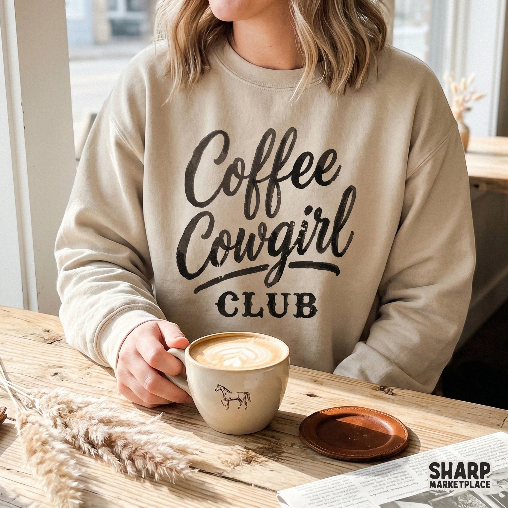 Distressed black typography reading Coffee Cowgirl Club displayed on a neutral sweatshirt, perfect for western-style sublimation prints.