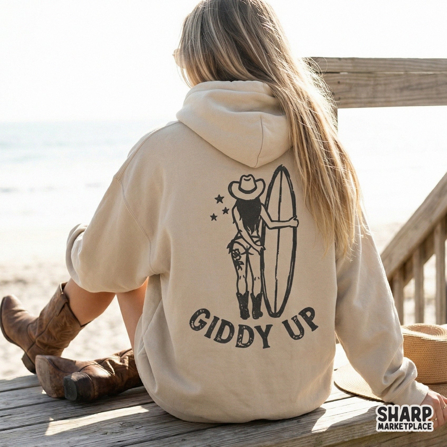Trendy western shore rodeo design with a cowgirl and surfboard silhouette, suitable for sublimation transfers, tumblers, and DIY summer apparel.