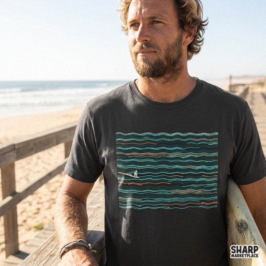 Minimalist line art of an abstract surfer riding ocean waves, perfect beach png graphic for summer t-shirts
